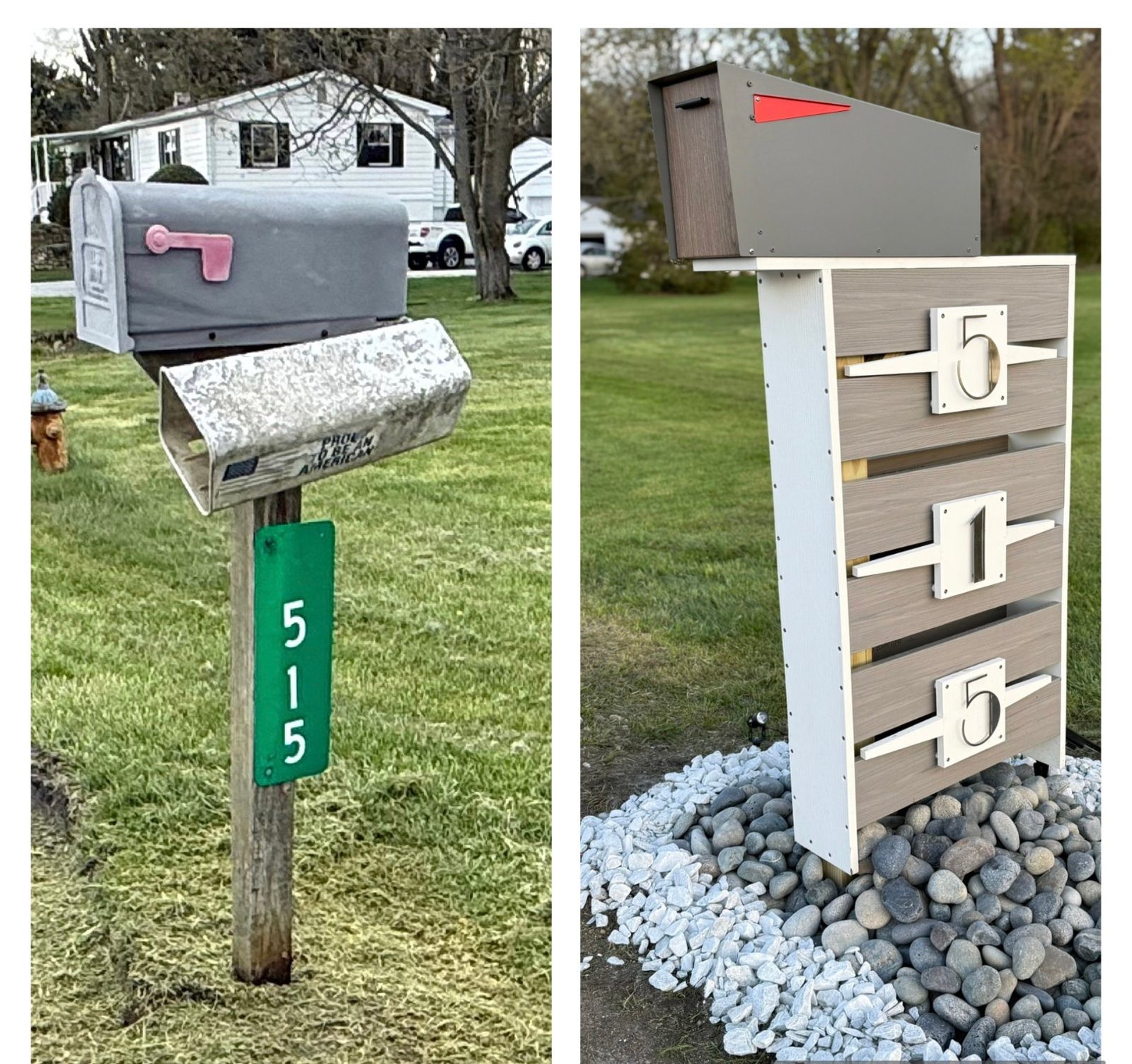 Before and after: a weathered steel mailbox on a wooden post replaced by a custom composite mailbox with address numerals